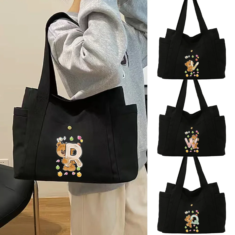 Women's Bag Handbags Black Commuter Tote Bags Cute Bear Printing Series Aesthetic Travel Canvas Organizers Bag Versatile