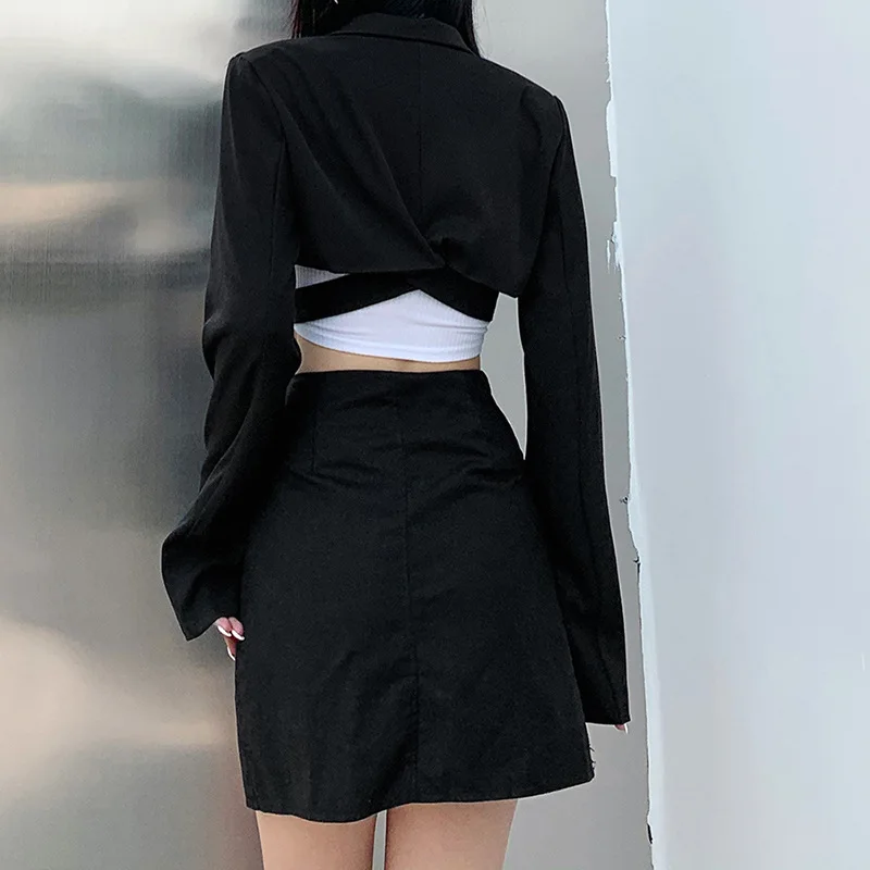 Nibber Hong Kong Flavor Cool Girl Dark Funeral High Waist Cross Tie Long Sleeve Suit Women All-Match Fashion Silm Short Jacket