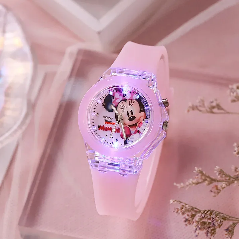 Disney Mickey Children Watches Girls Color Light Source Silicone Princess Elsa Kids Watch Boys Gift Wrist Clock