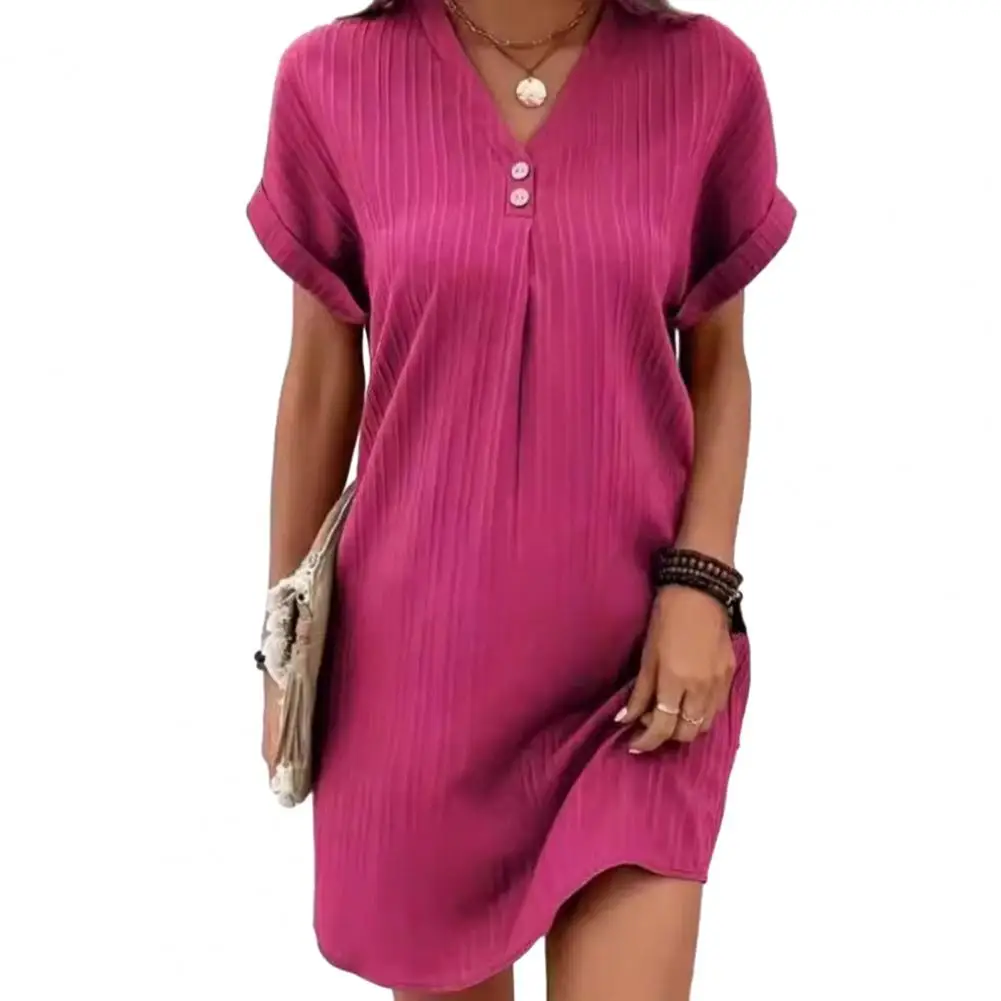 エレガントな女性のドレス夏のシャツドレスカジュアル V ネック半袖 T シャツドレスビーチ休暇ミニシフトサンドレス女性服