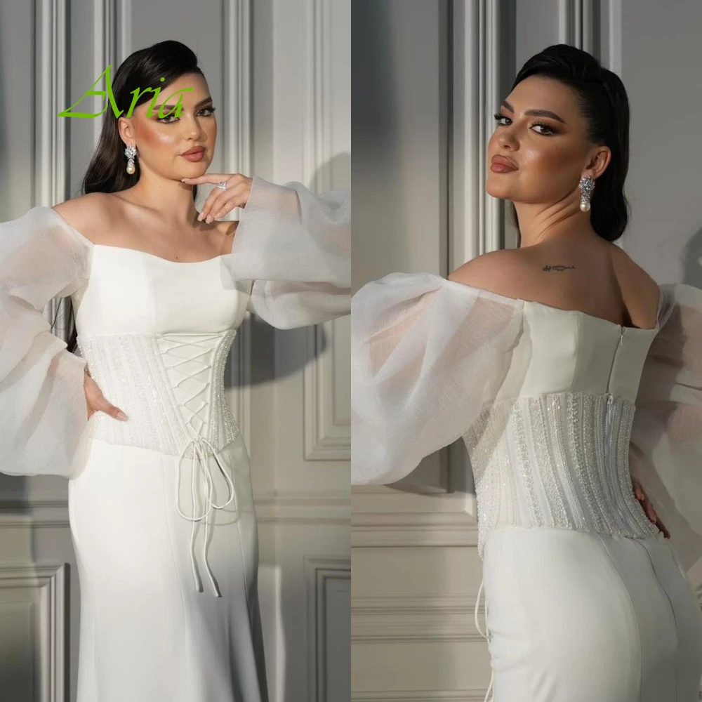 

Customized Exquisite Off the Shoulder Long Sleeves Evening Dress Luxury Crystal Prom Dresses Delicate Satin White Party Dress