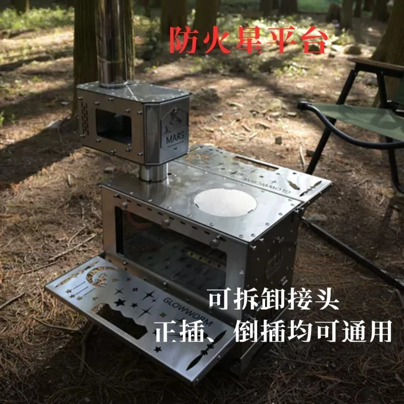 Wood Stove with Secondary Combustion, Double Viewing Window Camping Stove, Chimney Adapter Platform for Outdoor