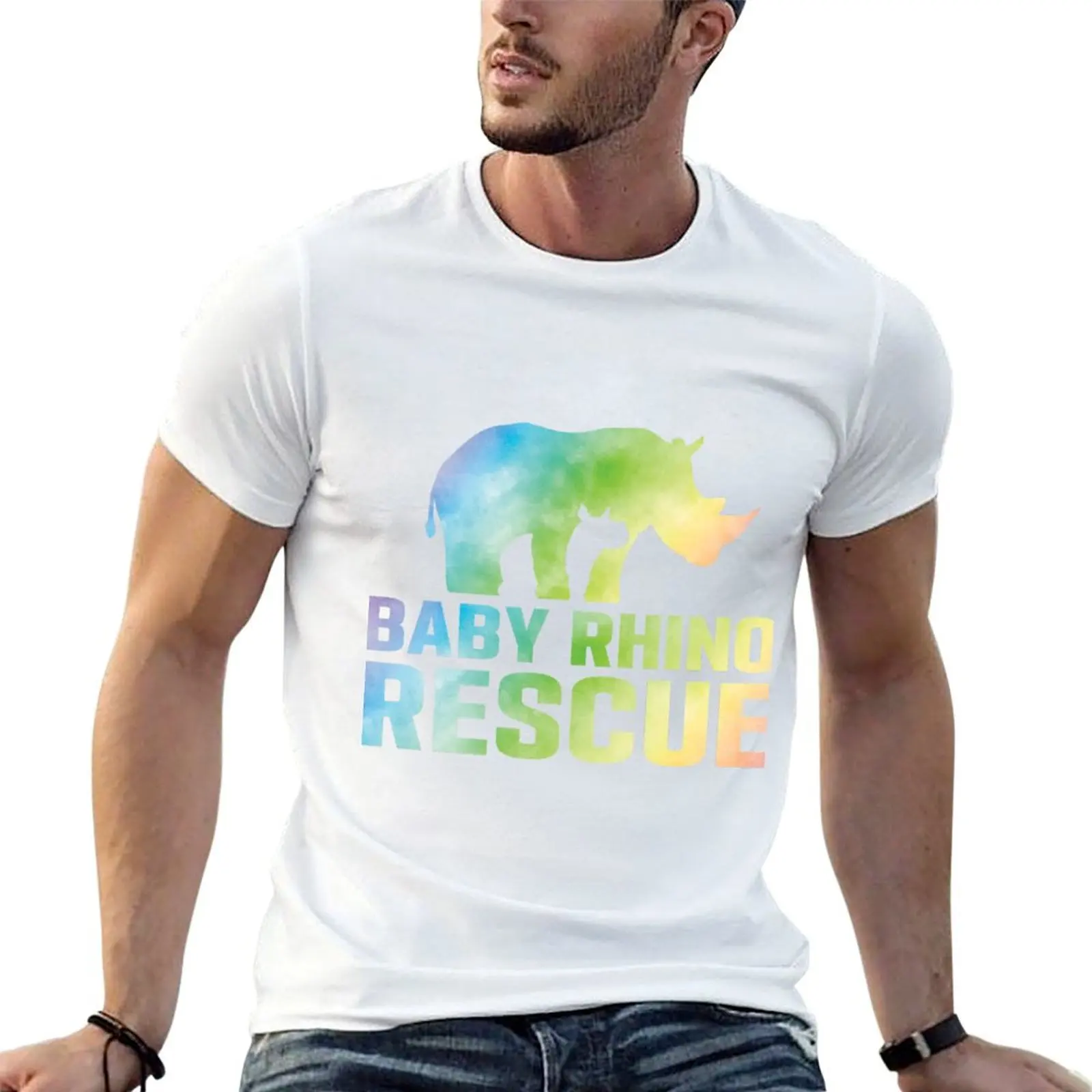 Baby Rhino Rescue rainbow watercolor logo T-Shirt Basic Solid Tee for Daily Use