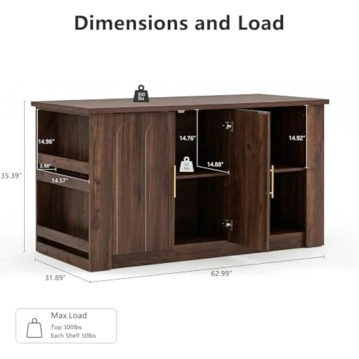 62.9-inch stationary kitchen island table with arched cabinet doors, walnut finish, engineered wood construction, spacious cente