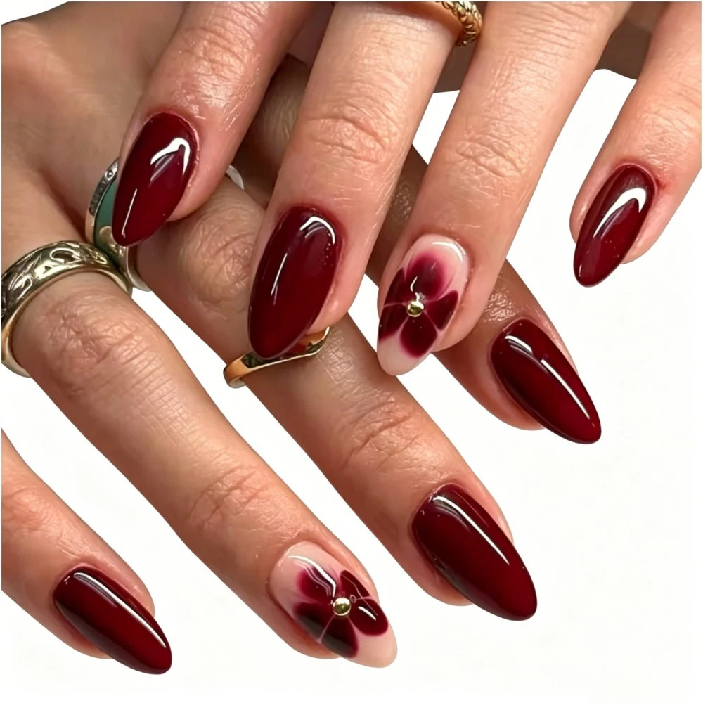 24pcs Set Burgundy Almond Shape Medium Length Solid Color with Floral Golden Dust Design Fake Nails for Women/Girls Women'S Nail view 6
