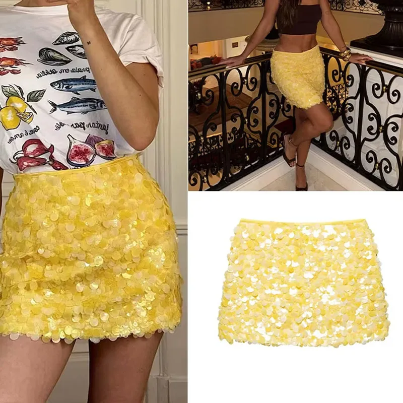 

2025 Female Fashion Yellow Sequins Mini Skirt Slim Casual High Waist Side Zipper Skirts Mujer Summer Streetwear Y2k Style