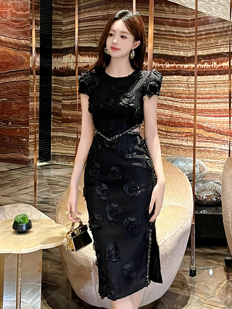 Socialite Elegant Party Dress ผู้หญิงหวานเซ็กซี่เก๋ดอกไม้ Hollow ตัด Midi Robe Femme วันเกิดจัดเลี้ยง Vestidos วันหยุด