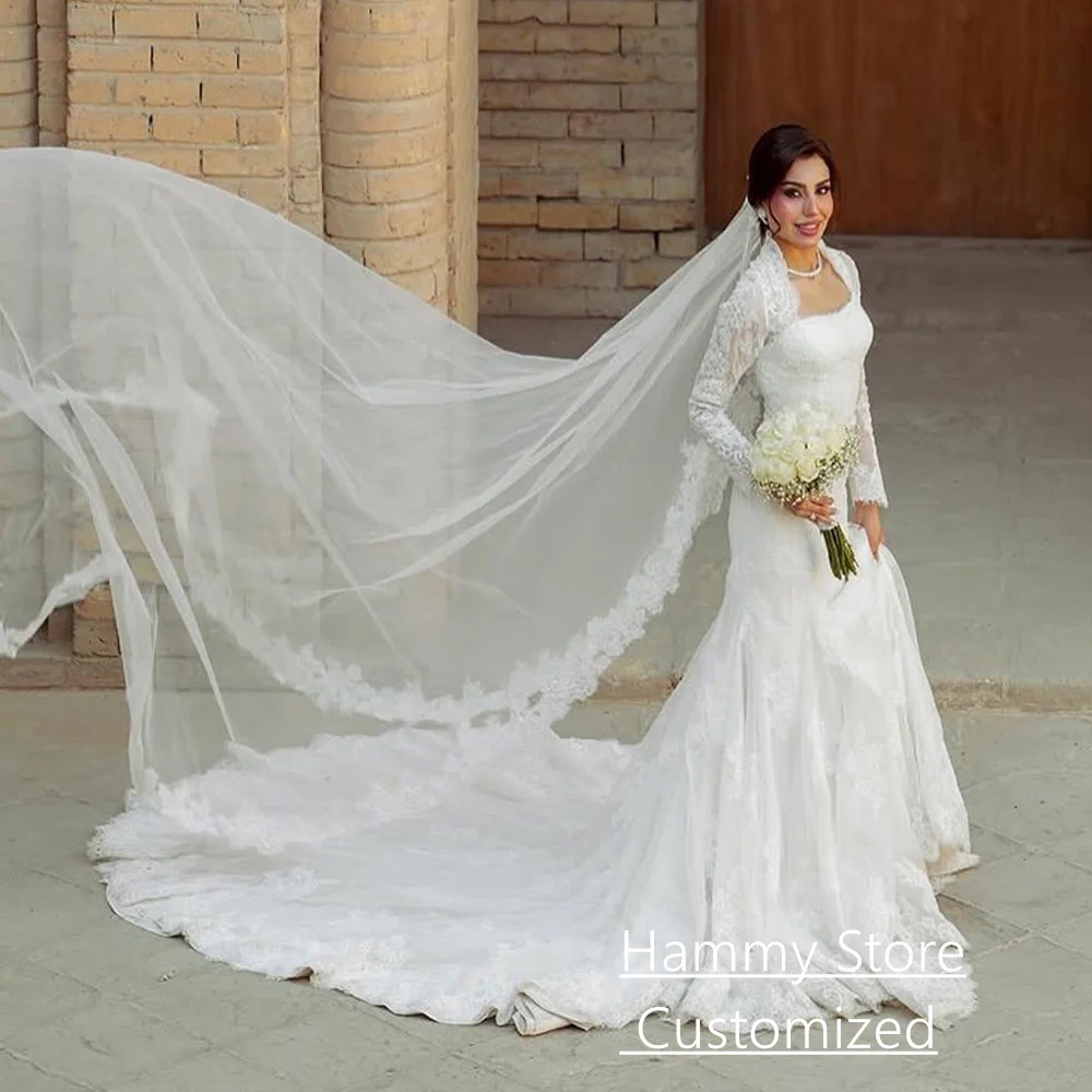 Abiti da sposa arabi personalizzati collo quadrato maniche lunghe corte strascico pizzo sirena abito da sposa Vestido De Noiva abiti da sposa
