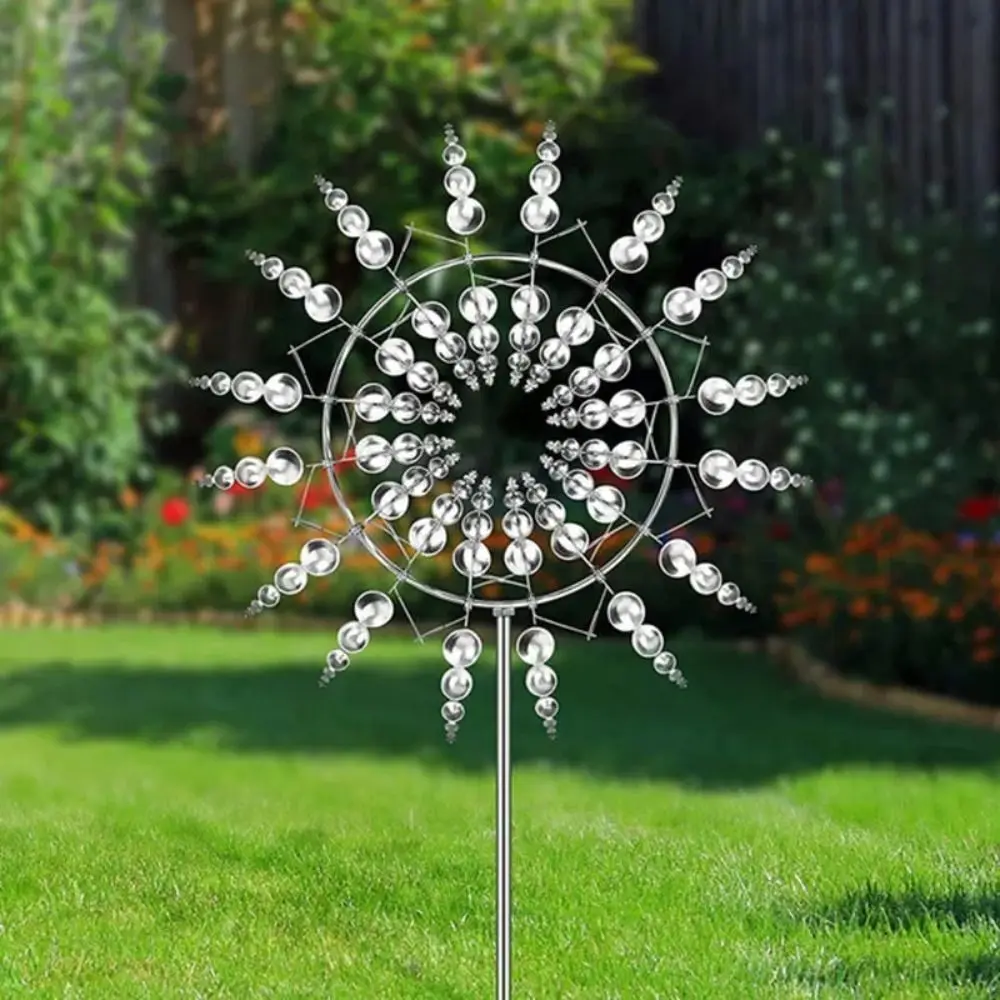 Wind Powered Metal Windmill Ground Mounted Double Leaf Windmill Rotating Rust Resistant Rotating Kinetic Sculpture Lawn Decor
