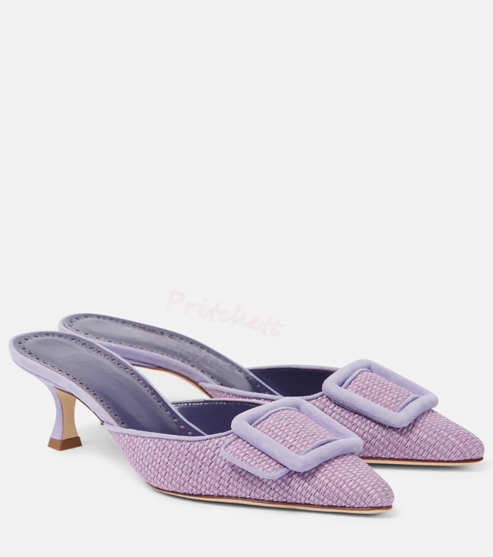 

Purple Raffia Pointed Toe Slippers Buckle Strap Slippers Pull-on High Heels Women Stiletto Summer Sexy Slip-on Women Shoe Luxury