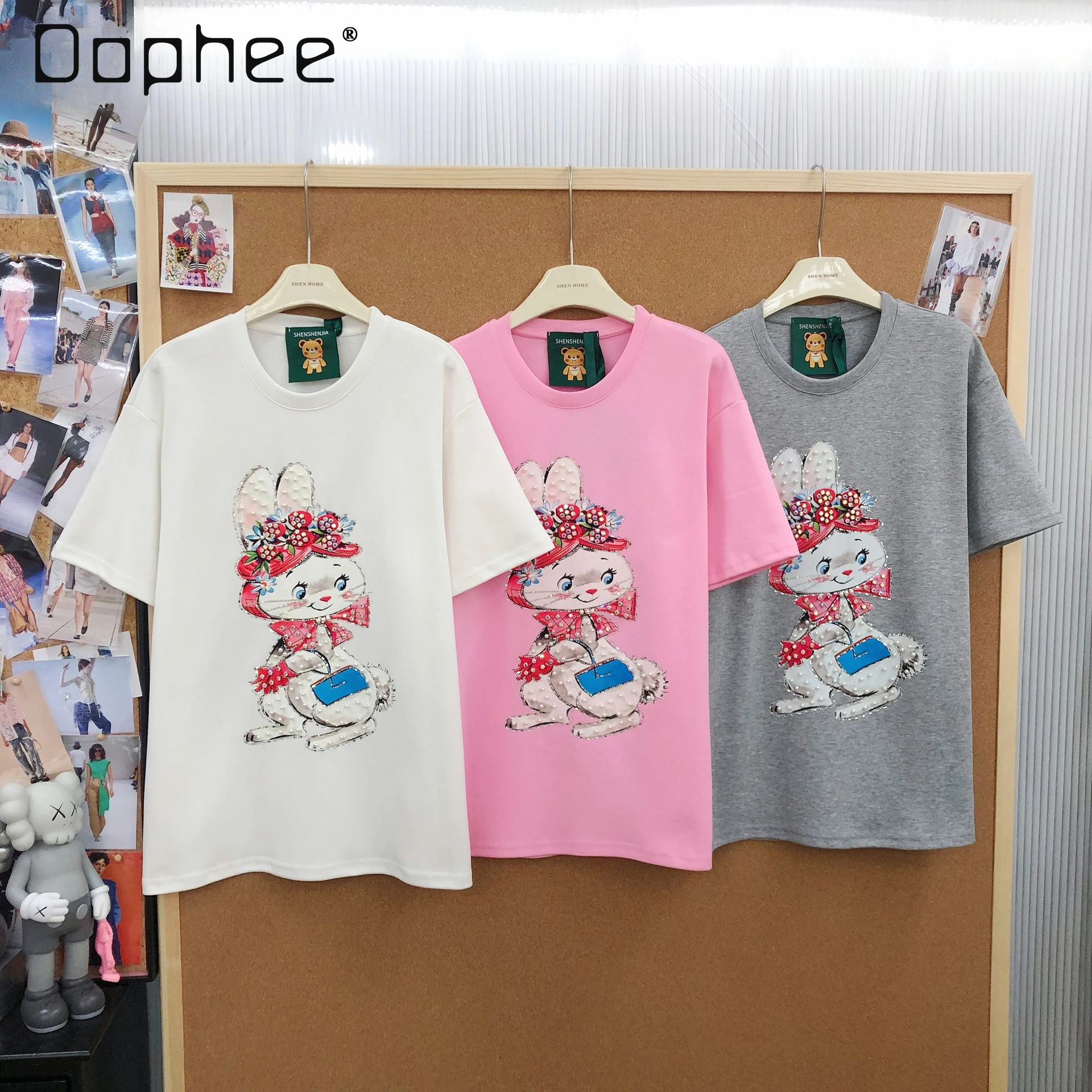 

Korean Style Fashion Versatile Cute Cartoon Rabbit Print Loose Mid-Length Short Sleeve T-Shirt Women Beaded Tops Kawaii Clothes