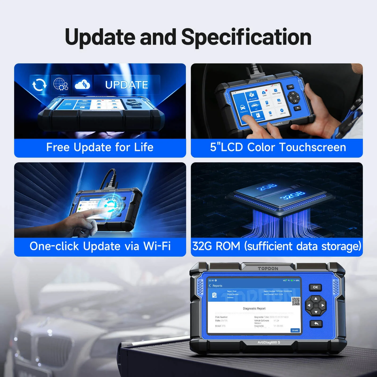 TOPDON ArtiDiag600S Scanner OBD2 para 4 Sistemas, Ferramenta de