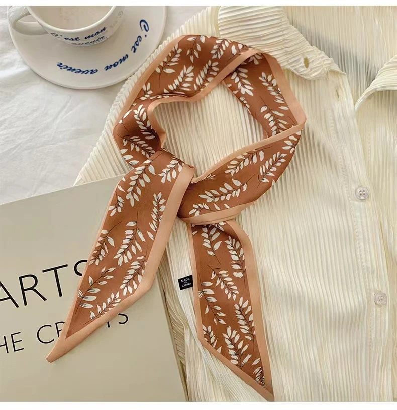 

Шелковый шарф в ретро-стиле с цветочным принтом кофейно-коричневого цвета, универсальная повязка для волос, украшение для причесок, шарфов, сумок и лент