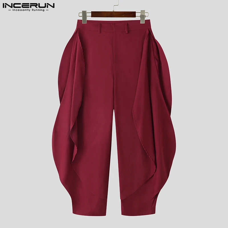 

INCERUN Men Irregular Pants Solid Color Joggers Loose Casual Trousers Men Streetwear 2025 Ruffle Fashion Leisure Male Long Pants