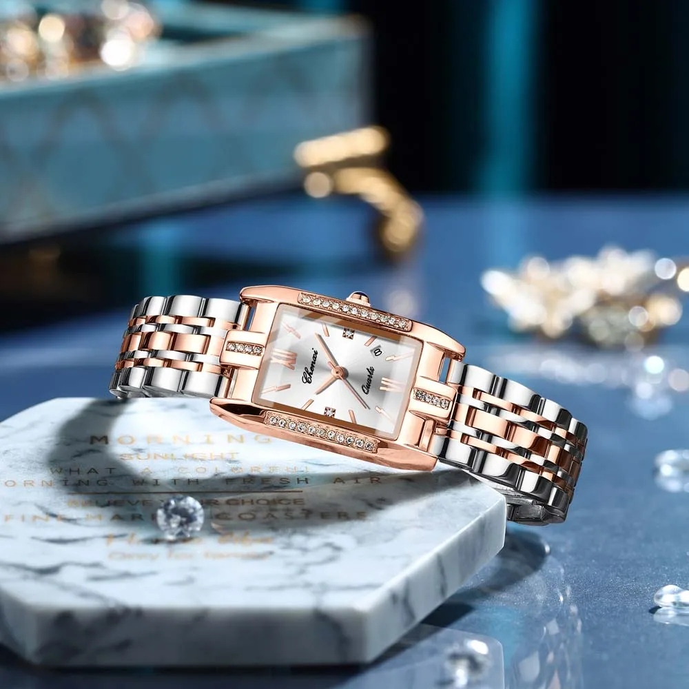 CHENXI ใหม่สแควร์สุภาพสตรีนาฬิกาวันที่แสดงสายสแตนเลสแข็งเพชรเน้นแฟชั่นนาฬิกาควอทซ์สําหรับผู้หญิง