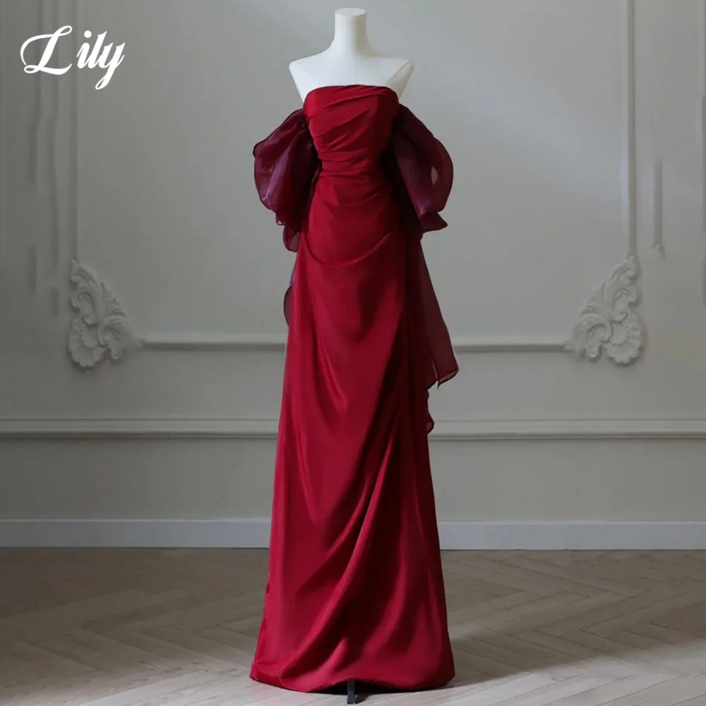 

Lily Red Elegant Formal Gown Satin Strapless Backless Prom Dresses Pleated Floor-Length Evening Dresses for Woman Customized