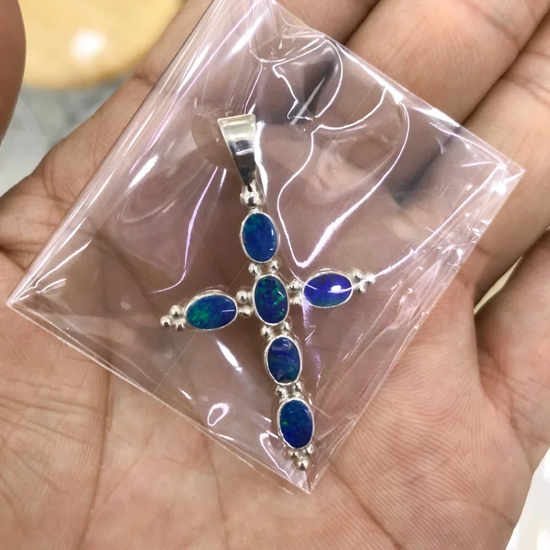 CSJ Trendy Natural Opal Cross Pendant 925 Sterling Silver Origin Australia Hand Made Jewelry Necklace for Women Party Gift