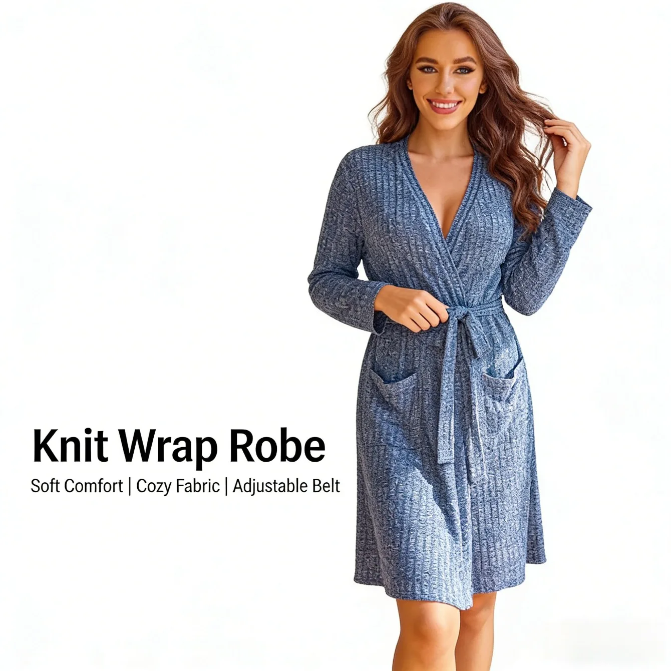 

Women's Knee - Length Robe Nightgown European and American Style Knit Ribbed Elastic Pocket Bathrobe