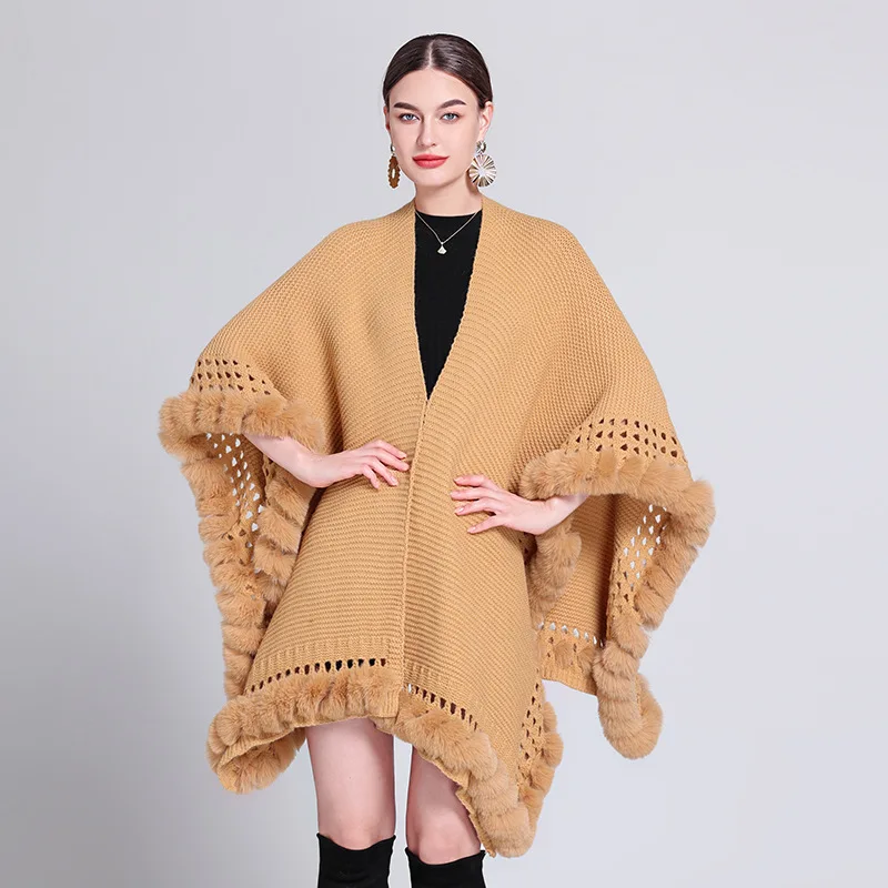 Autumn Winter Warm Oversize Long Poncho Capes String Faux Fur Hollow Out  Knitted Outstreet Shawl Cloak Women Wear Loose Coat