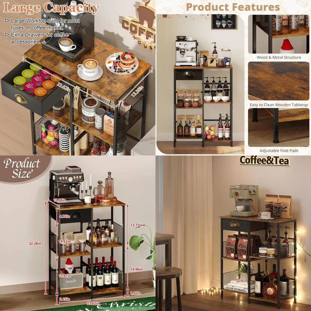 

Compact Rustic Coffee Bar with Drawers, 5-Tier Display Stand for Coffee, Kitchen Buffet Cabinet, Living Room Sideboard for Cafe