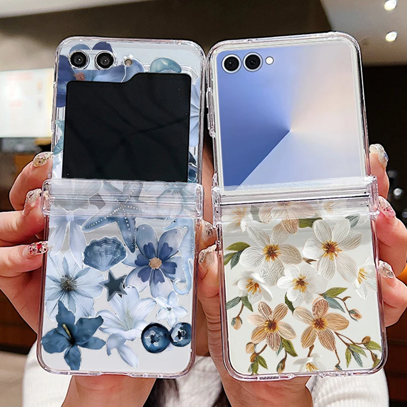Weiß-blaue Blumenmuster Handyhülle für Samsung Galaxy Z Flip 7 FE 6 5 4 3 5G Faltbare Harte Transparente Schutzhülle für Samsung Z Flip6 Flip7