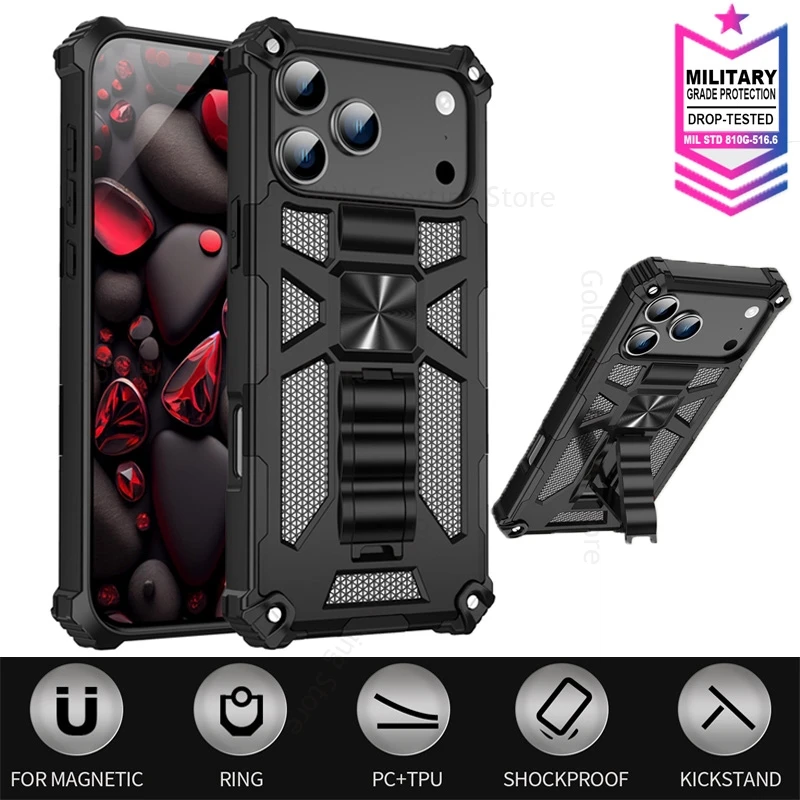 

Military Grade Hybrid Rugged Armor Stand Case For iPhone 16 17 Pro Max Magnetic Ring Heavy Duty Cover For Apple 16 15 Pro 17 Air