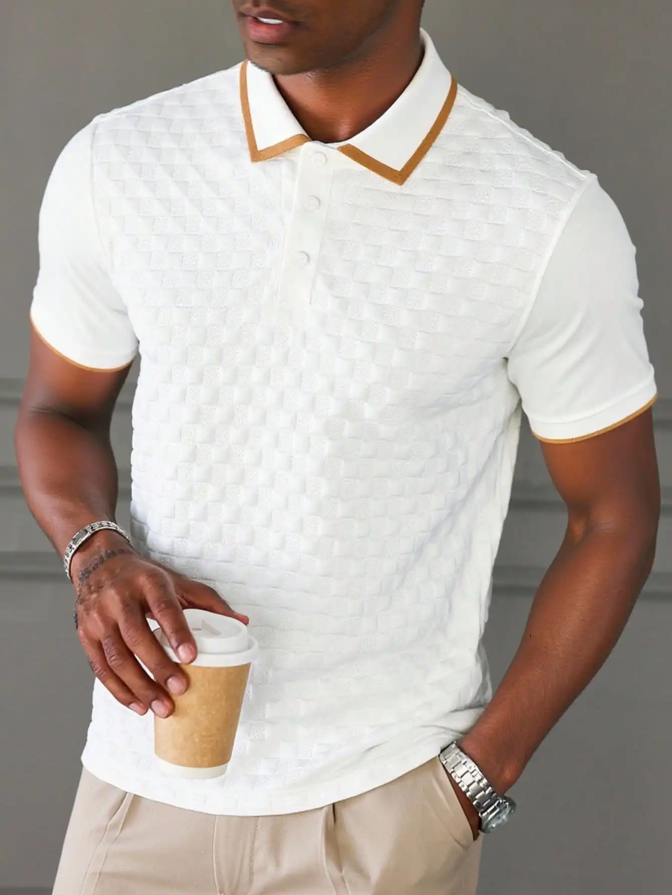 

Men's Textured Weave Polo Shirt with Contrast Trim, Short Sleeve Casual