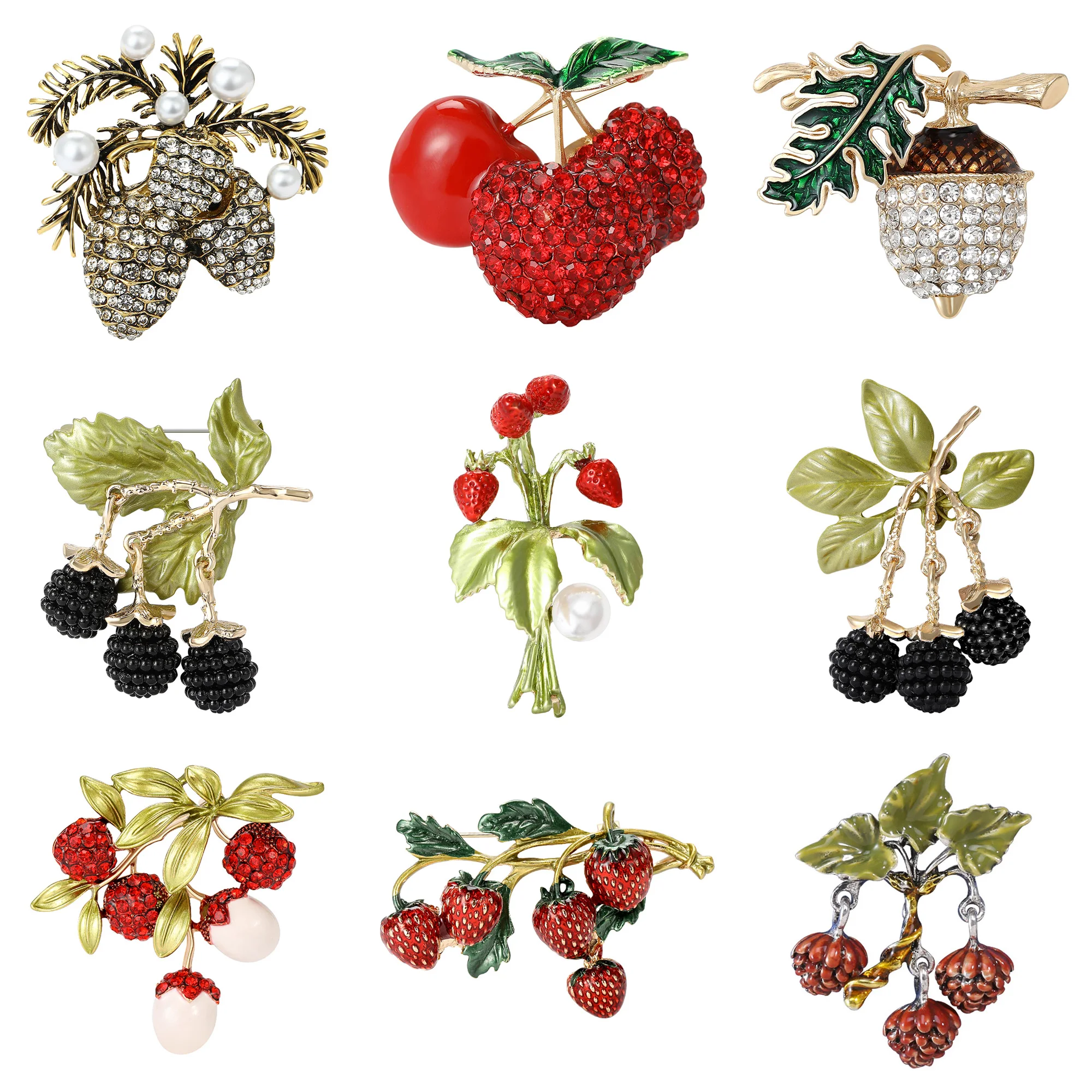 Luxury Rhinestone Blackberry Pendant Brooches for Women Strawberry Lychee Pine Cone Fruit Pins Office Party Friend Gifts Jewelry