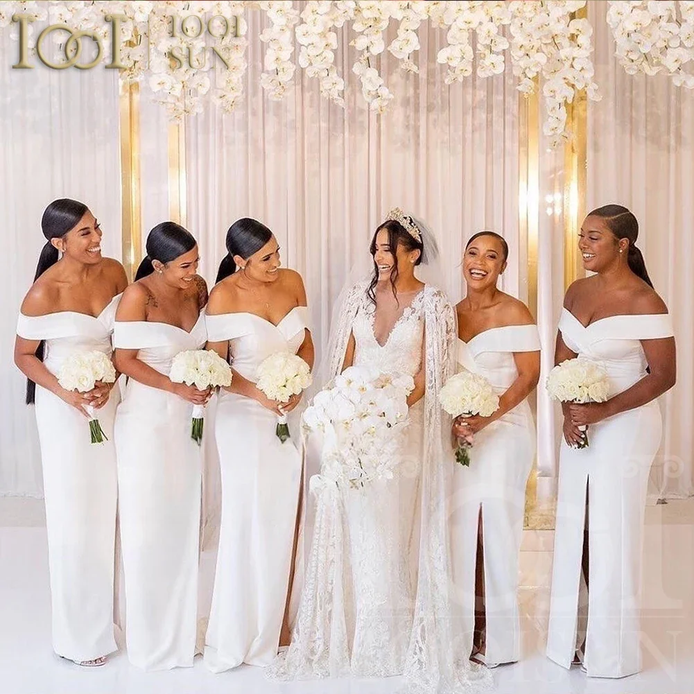 

IOOISUN White Satin Off-the-Shoulder Bridesmaid Dress with Customizable Side Split for Wedding Party Evening Formal Gown