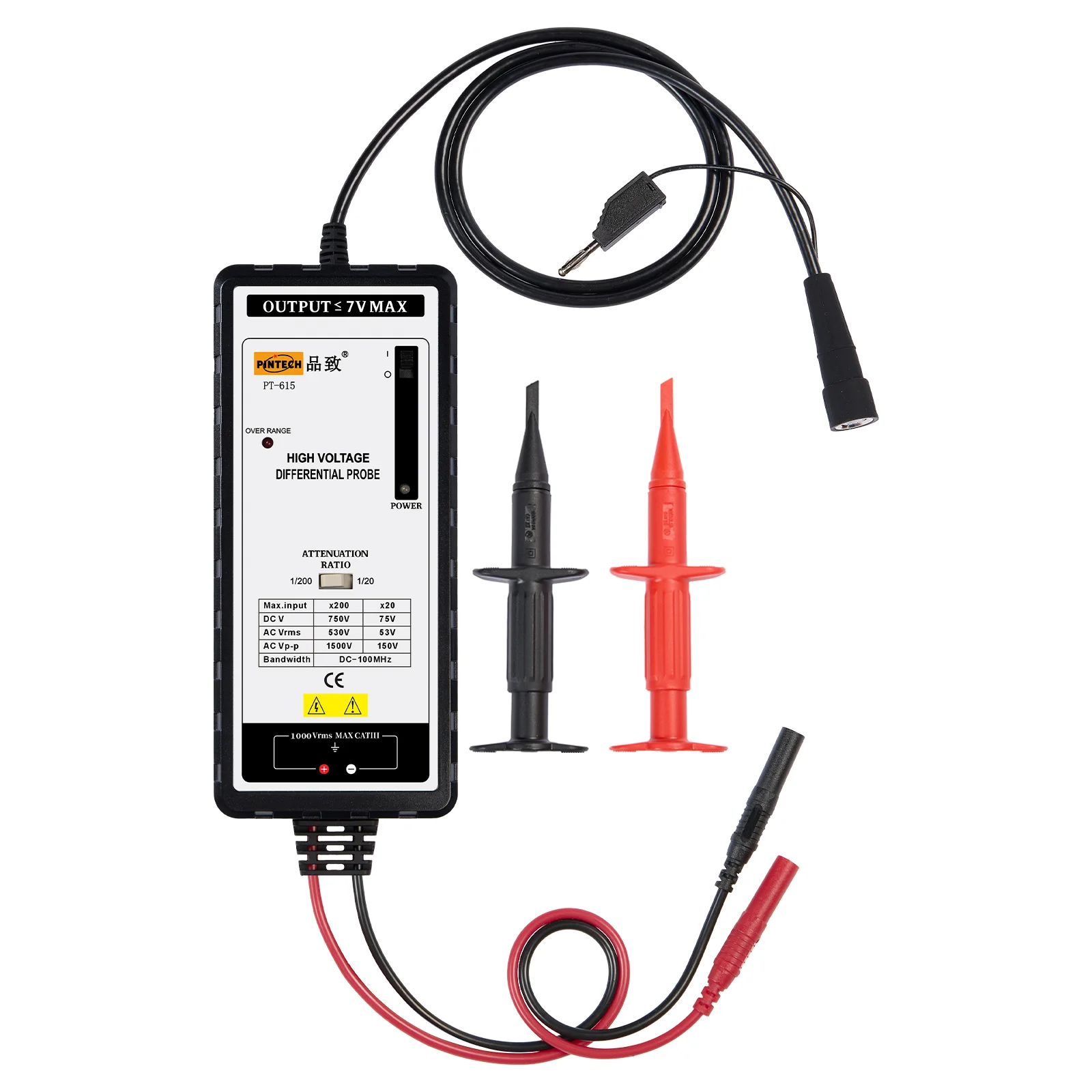 PINTECH PT-615 20X/200X Oscilloscope Probe 100MHz High Voltage Differential Probe, 1500Vp-p, 3.5ns Rise Time