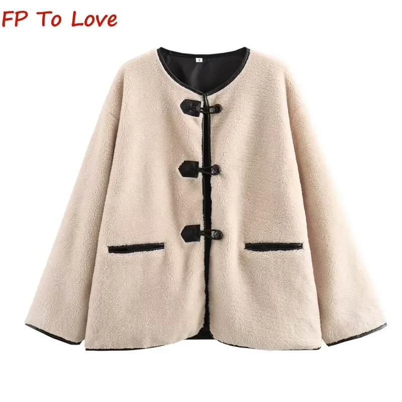 

Autumn Winter Round Collar Long Sleeve Decorative Faux Fur Coat PB&ZA Woman Beige Single Breasted Warm Loose Coat 37097713