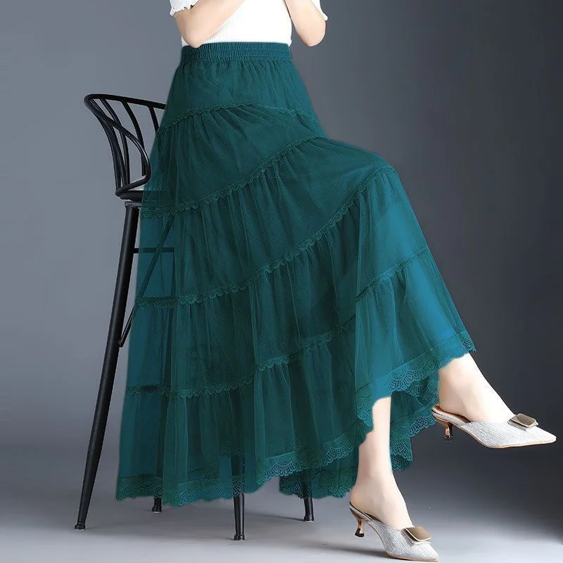 Elegant Double Layer Tulle A-Line Half Skirt with Lace Trim Fall Long Skirt Draping Cake Skirt High Waist Polyester Fabric
