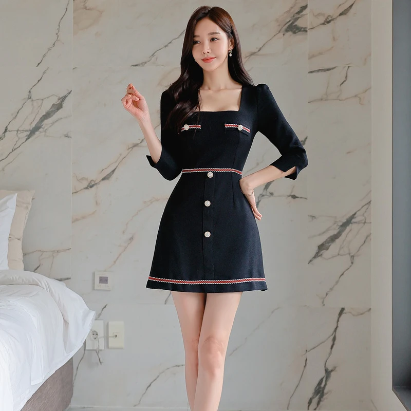 EU and South Korea Women clothes New A- line Skirt Small Dress Royal Sister Temperament Square Collar Color Matching Waist Hu...