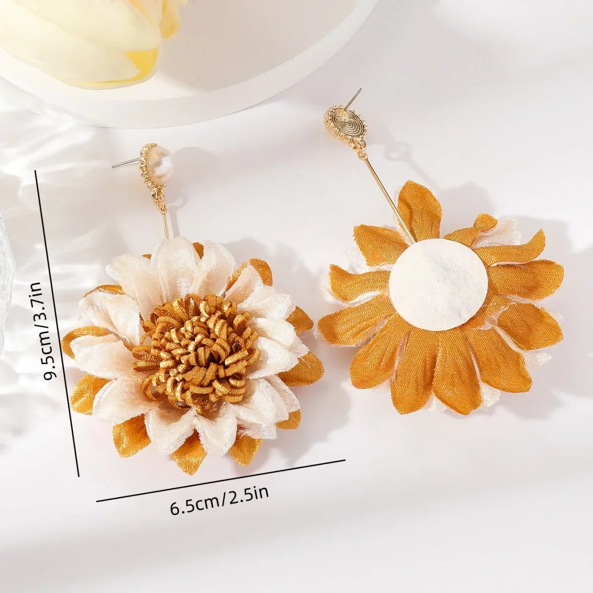 Vintage Orange Gauze Sunflower Flower Stud Earrings White Imitation Pearl Stud Earring for Women Beach Holiday Party Jewelry