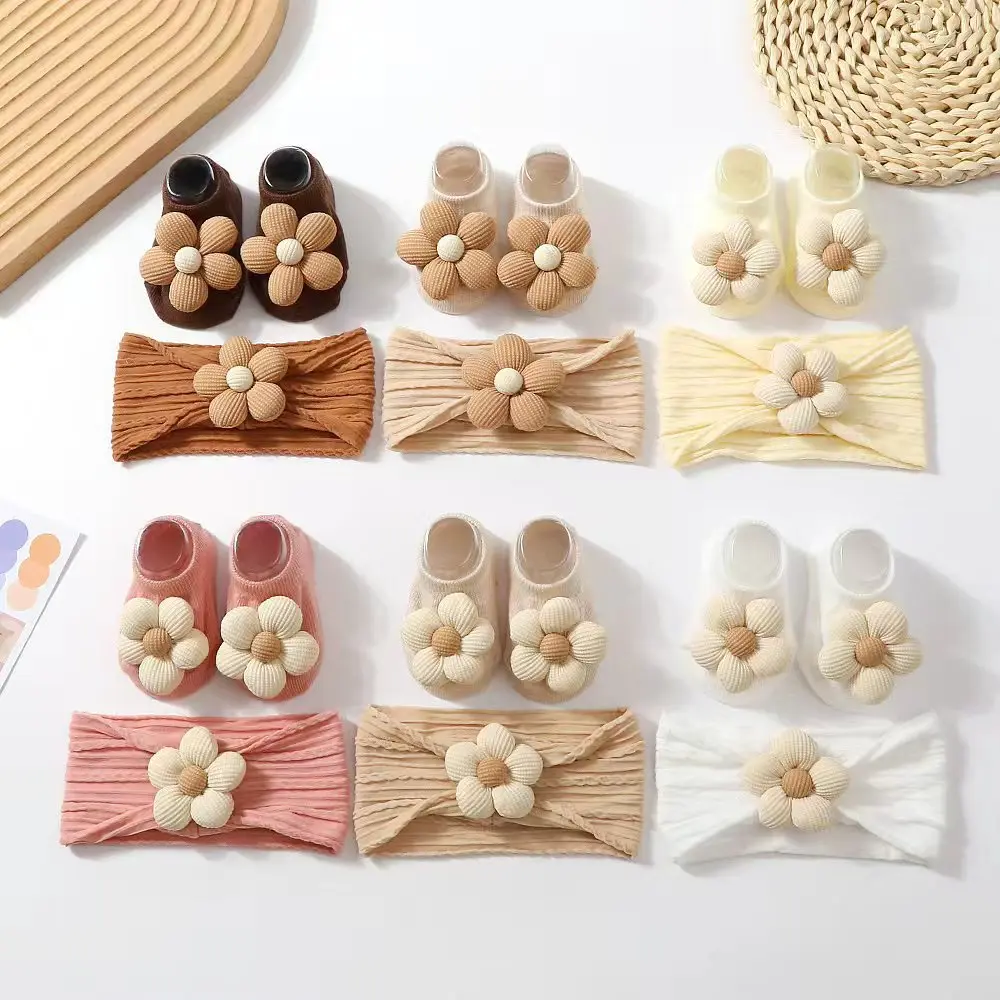 

Милый комплект из 3 предметов: новые 3D-носки с цветочным узором для новорожденных, мягкие вязаные носки-предходки для девочек и мальчиков, повязка на голову для младенцев