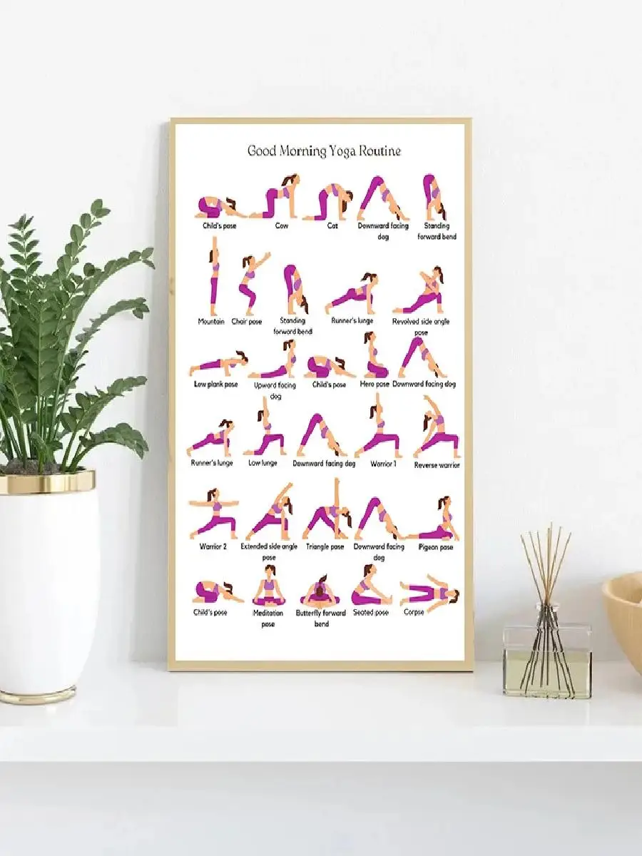 Morning Yoga Routine Canvas Painting  Modern Wall Art with Yoga Poses for Gym and Yoga Studio Decor  Posters and Prints for Home