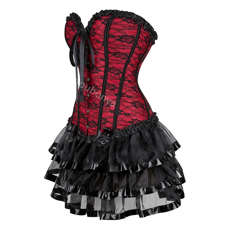 Red Corset Dress Tutu Skrits Set Overbust With Lace Costume Party Sexy Burlesque Ladies Basques Outfit Plus Size Gothic Black