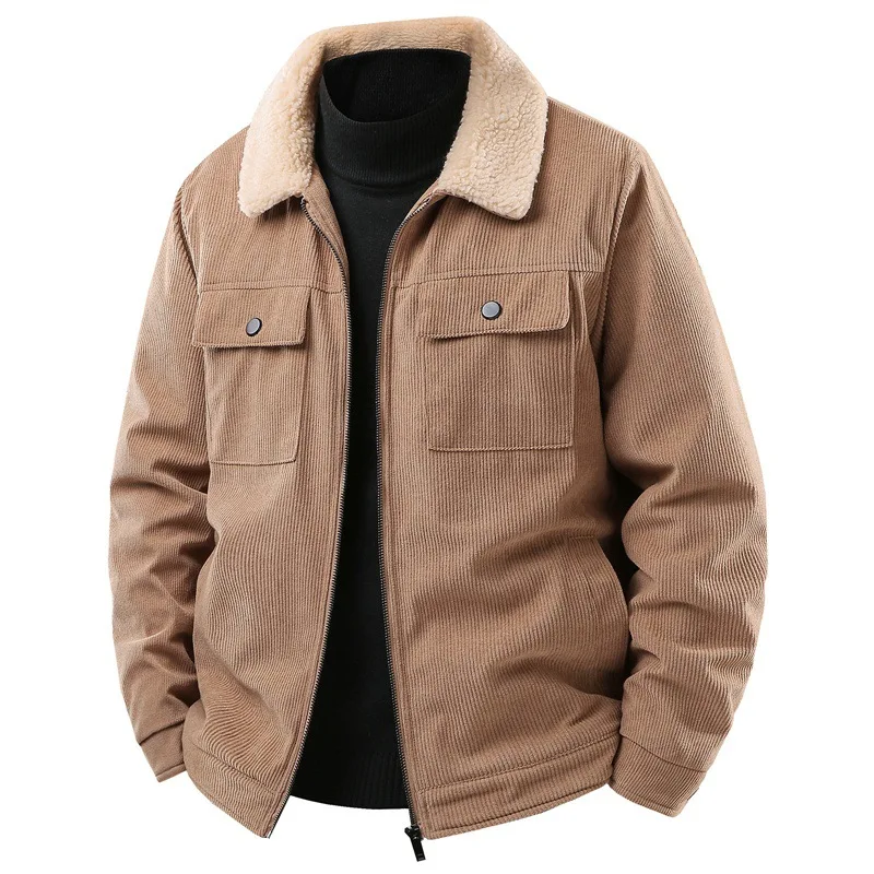 Men's Thick Corduroy Jacket with Velvet Lapel Autumn Winter Lambskin Workwear Multi Pocket Cotton Jacket for Casual Wear