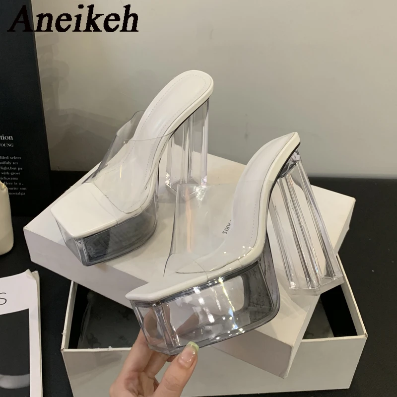 Aneikeh 2024 Summer Sandals Women\'s PVC Rome Slip-On Solid Fashion Heeled shoes Square Toe Transparent Thin Heels Party Black