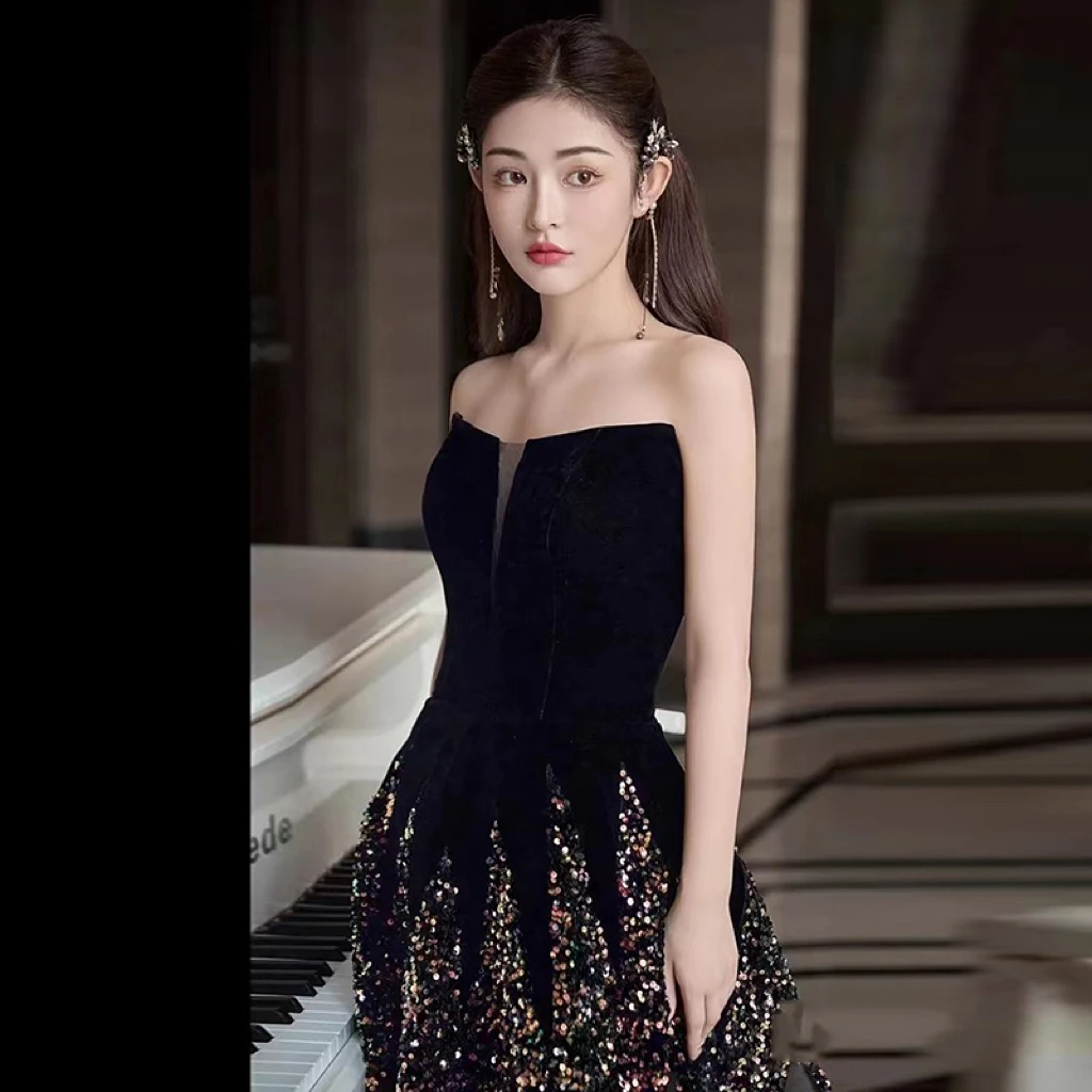 Fashion Luxury Black Celebrity Dress Strapless Boat Neck A-line Sequins Sparkling Formal Party Gowns For Women Vestidos De Noche