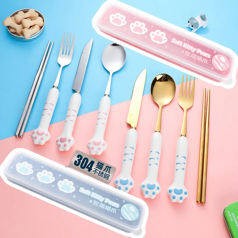 304 Stainless Steel Cute Cat Claw Ceramic Tableware Spoon Fork Chopsticks Cartoon Birthday Gift Tableware Spoon Set