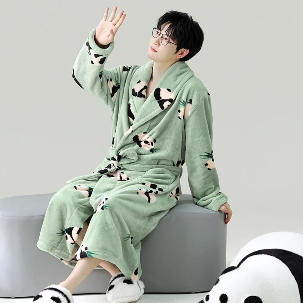 Casual Cartoon Dinosaur Men\'s Bathrobe For 82.5kg Winter Thicken Plush Double Warm Shower Robe Comfortable Soft V Neck Sleepwear