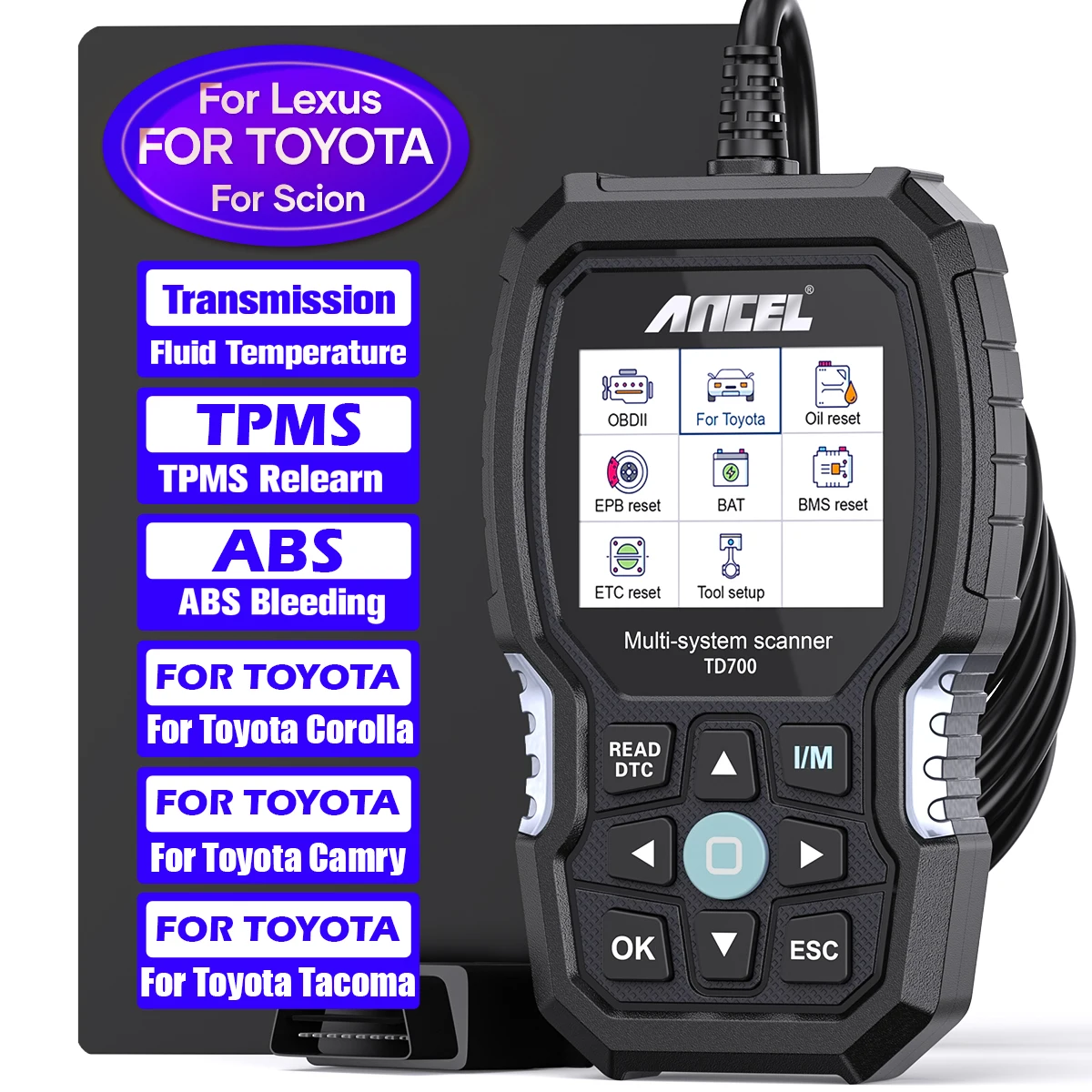 ANCEL-herramienta de diagnóstico de coche, escáner TD700 OBD2 para Toyota/Lexus/Scion, todos los sistemas de transmisión, TPMS, reaprendizaje, ABS, motor