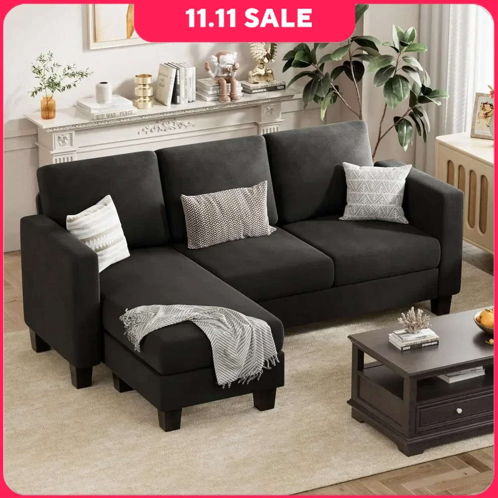 Sectional Sofa Couch with Movable Ottoman Couch for Small Apartments 3 Seat L-Shaped Linen Fabric Small Sofa