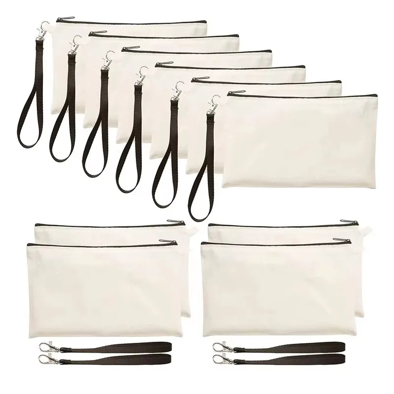 100Pcs/Lot Beige Black Canvas Bags for Crafts Blank DIY Canvas Makeup Bags Pen Pencil Case Cotton Canvas Zipper Bags