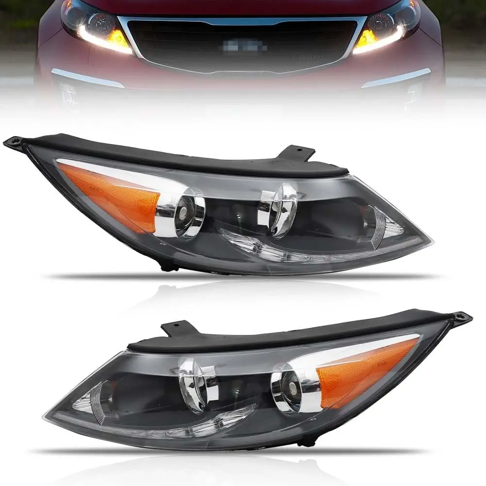 Halogen Headlamp Assembly with LED Daytime Running Light, Clear Lens Amber Reflector, for 2013-2016 Sportage - Passenger & Drive