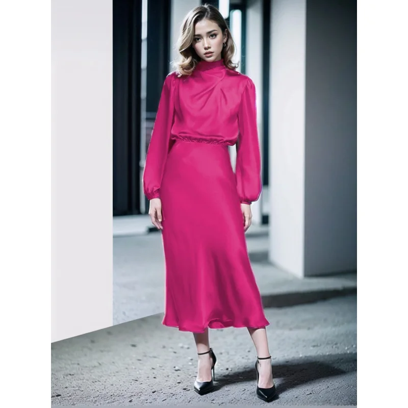 Women's Satin Long Sleeve Loose Dress, Elegant Women's Clothing, Evening Skirt, High-Grade Sense, Autumn, New, 2022