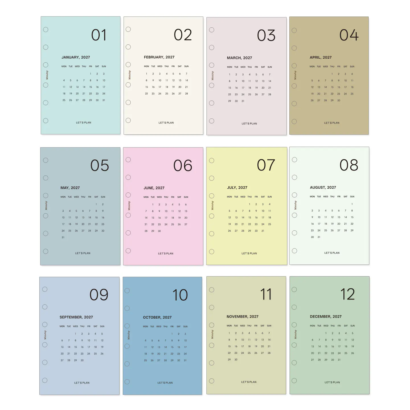 A6 A7 M5 Color Monthly Calendar Inner Pages 12Pcs 2027 Monthly Schedule Loose Leaf Paper Daily Sign-in Tracking Stationery