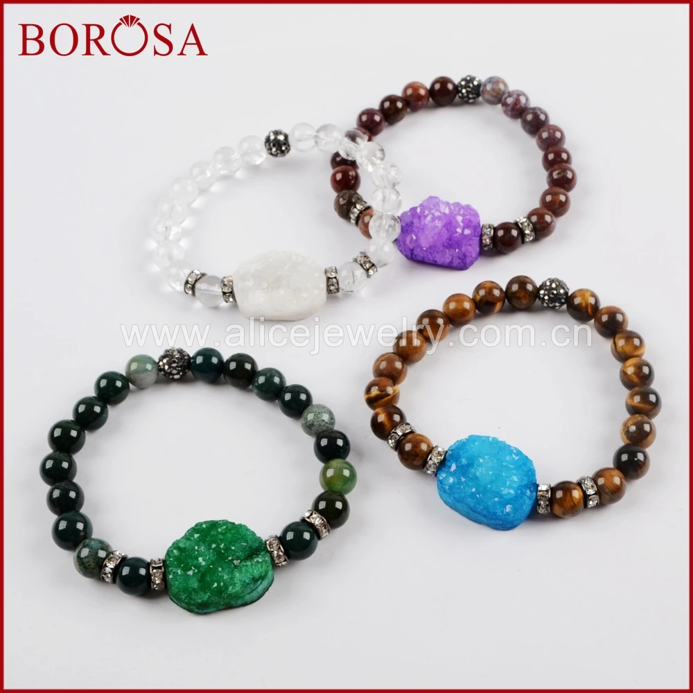 Fashion Rainbow Agate Druzy With 8mm Multi-kind Natural Jasper Stone Beads Bracelet for Women G1556