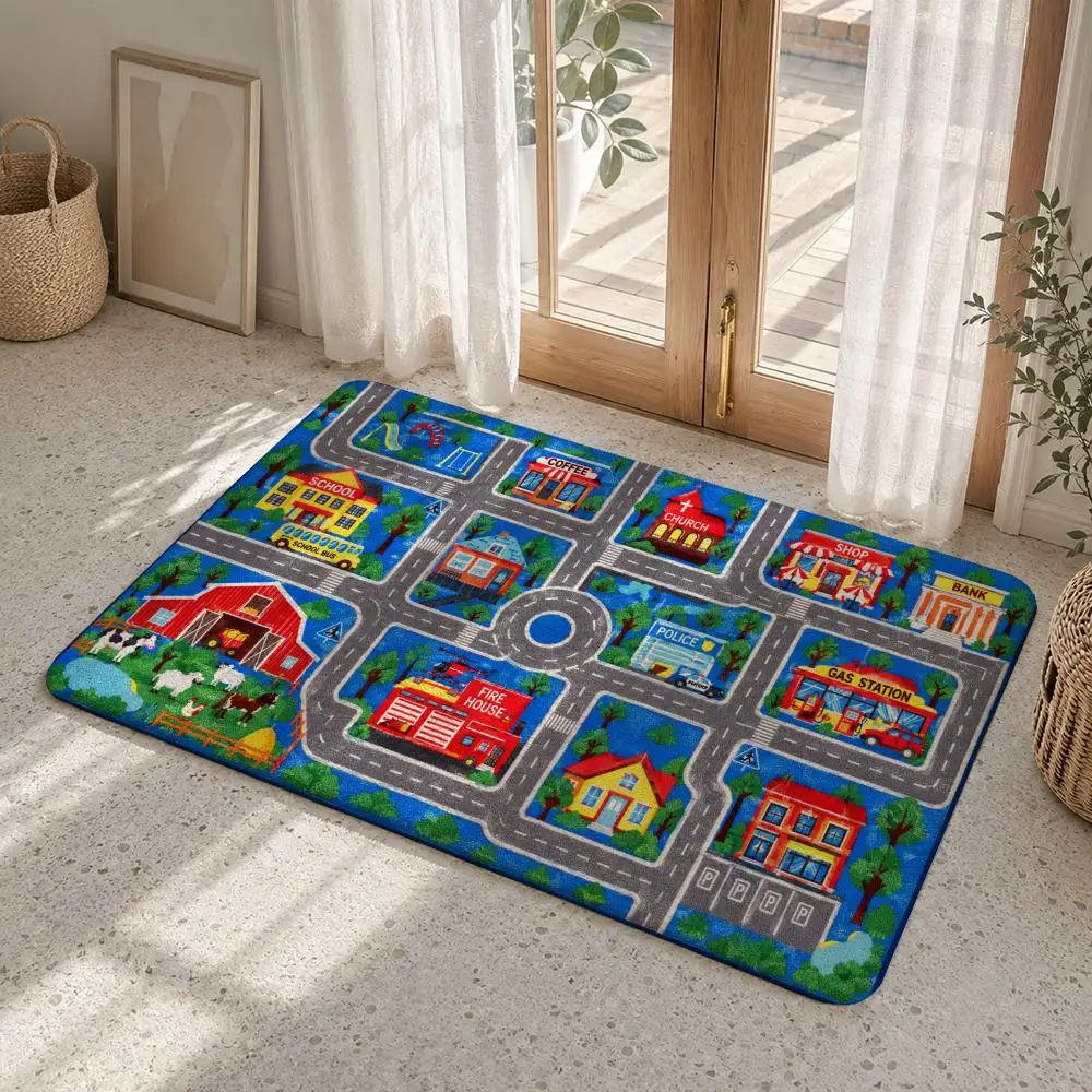 Kids Town Road Map Scene Floor Mat Flannel Rug Non Slip Absorbent Soft Washable For Entryway Hallway Bathroom Kitchen Decor